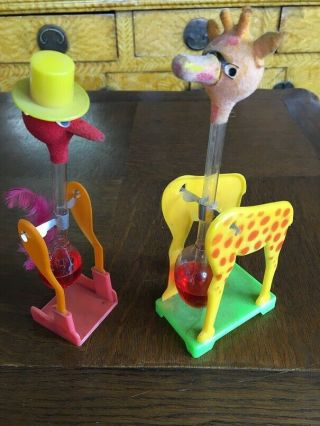 Dippy Drinking Glass Bird And Giraffe 1970s Vintage Novelty Toys