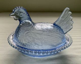 Vintage Light Blue Indiana Glass Hen Nest Chicken Covered Dish Beaded