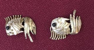 Vintage Gold Tone Sea Creature Fish Clip On Earrings Mid Century Modern