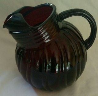 Vintage Anchor Hocking Royal Ruby Red Tilted Swirl Ball Pitcher