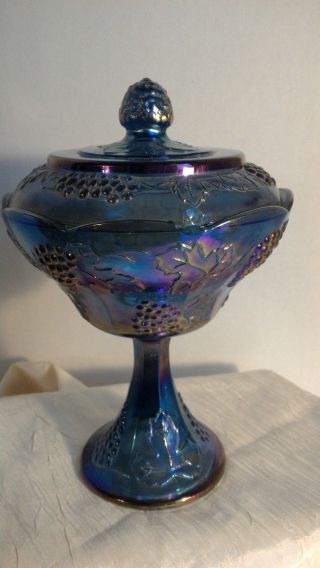 Vintage Indiana Glass Blue Carnival Harvest Grape Pedestal Candy Dish Chipped