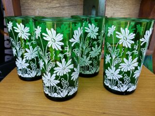 Vintage Green Glass Tumblers W/white Flowers Evc Set Of 4