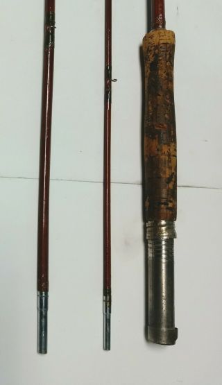 Vintage 8 - 1/2 ' 3 - piece bamboo fly rod unknown maker with wooden rod holder. 2