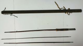 Vintage 8 - 1/2 ' 3 - piece bamboo fly rod unknown maker with wooden rod holder. 7