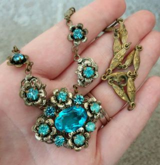 Vintage Art Deco Czech Jewellery Crafted Blue Topaz Crystal Floral Gold Necklace