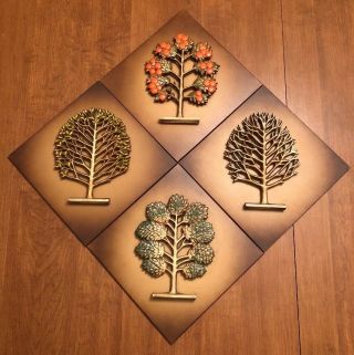 Mid Century 50’s Danish Syroco Seasons Tree 3d Wall Plaques Vintage Set Of 4