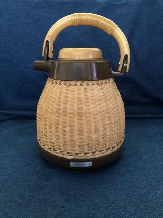 Vintage Corning Design Wicker Thermos Coffee Tea/carafe Pitcher Wood Lid Thermos