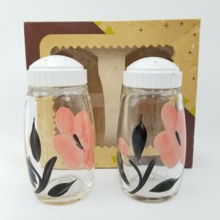 Vintage Hand Painted Pink & Black Flowers On Glass Salt And & Pepper Shakers Set