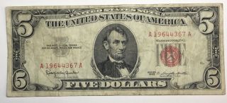 1963 Five Dollar $5 Red Seal Lincoln Vintage Old American Currency Note