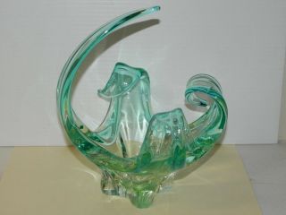 Vintage Chalet Glass Blue.  Green Mid Sized Table Vase 7.  5 " Wide & 9 " Tall