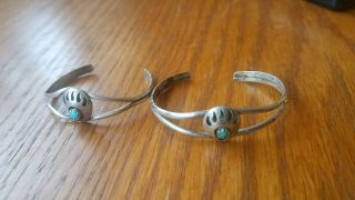 Two (2) Vintage Navajo Sterling Silver Turquoise Bear Paw Baby Cuffs Bracelets