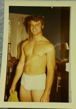 Vintage Old Color Photo Of Handsome Shirtless Man Boy Wearing Underwear Briefs