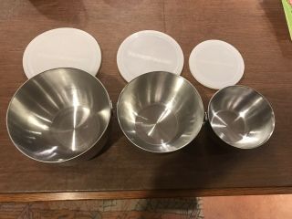Vintage Farberware 3 Mixing Bowls Double Ring Handles Stainless Steel With Tops