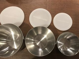 Vintage Farberware 3 Mixing Bowls Double Ring Handles Stainless Steel WITH TOPS 3