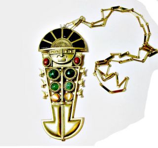 Heavy Figural Pendant Faux Stones Aztec Peruvian Artisan Vintage Necklace Mask
