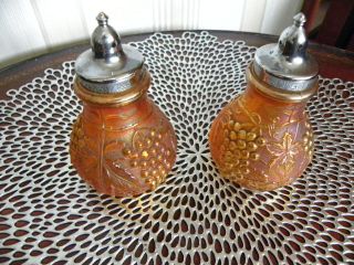 Vintage Striking Iridescent Amber Glass Grape Salt & Pepper Shakers