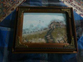 Vintage Country Farm House Oil Painting W/ Wood Frame 9 1/4 " X 7 1/4 " Signed Cms