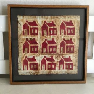 Primitive Red & White School House Quilt Framed W/ Glass Picture Vintage Like