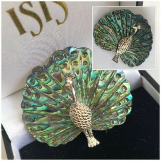 Vintage Jewellery Sterling Silver Abalone Shell Peacock Brooch Dress Pin