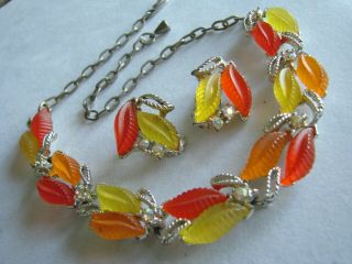 Vintage Unsigned Lisner Glowing Fall Leaf Ab Rhinestone Necklace Earrings Set