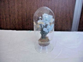 Small Vintage Blue Silk Flowers In Glass Dome 4 1/2 Inches Tall