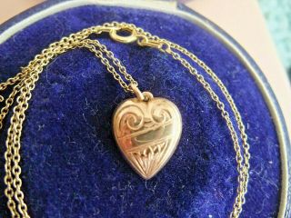 Vintage 9ct.  Gold Lined Puffy Heart Locket And Chain