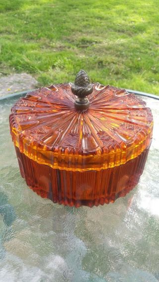 Vintage Indiana Glass Amber Divided Candy Trinket Dish Brass Acorn Finial