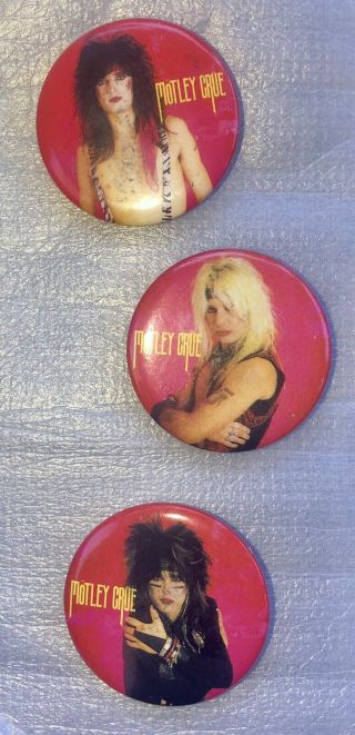 3 Vintage 1985 Pink Motley Crue Buttons Funkyent Richmondvirginia Vince Sixx Lee