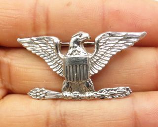 925 Sterling Silver - Vintage Shiny Etched Military Eagle Brooch Pin - Bp3104