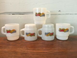Set Of 5 Vintage Anchor Hocking Fire King Stackable Coffee Mug Cups Fruit Design