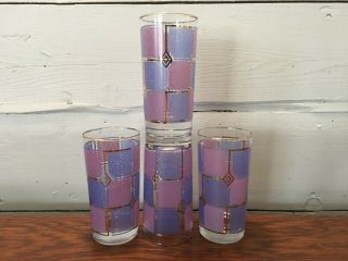 Set Of 4 Vintage Libbey Blue Pink Gold Square Frosted Tumblers Glasses 5 1/2 "