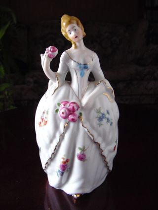Vintage 7 " Tall Porcelain Victorian Lady Holding Flower Figurine Ringlet Hair