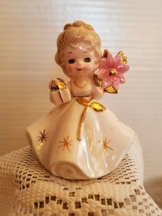 Vintage Josef Originals Christmas Poinsettia Angel With Present Figurine