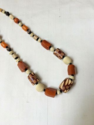 Vintage Art Deco 1920s 1930s Carved Galalith Celluloid Faux Amber Bead Necklace
