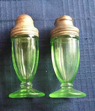 Vintage Hazel Atlas Footed Column Style Green Salt & Pepper Shakers