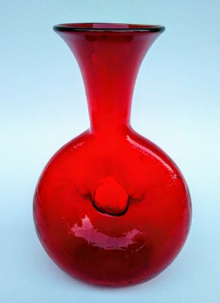 Vintage Blenko Art Glass Pre - Designer Ruby Red Crackle Glass Pinched Vase 441