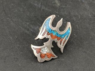 Vintage Navajo Sterling Silver Turquoise & Coral Chip Eagle Ring Size 5.  5