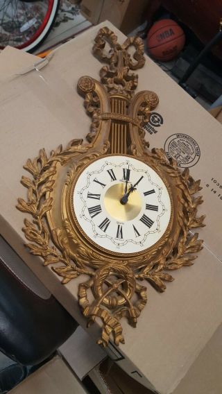 Haven Hollywood Regency Vintage Ornate Wall Clock Gold Laurel Bow Repair USA 2