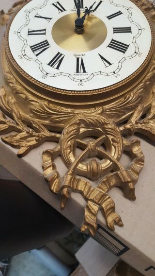 Haven Hollywood Regency Vintage Ornate Wall Clock Gold Laurel Bow Repair USA 4