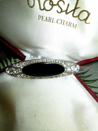 Wonderful Vintage Large Art Deco Style Diamante Black Enamel Brooch