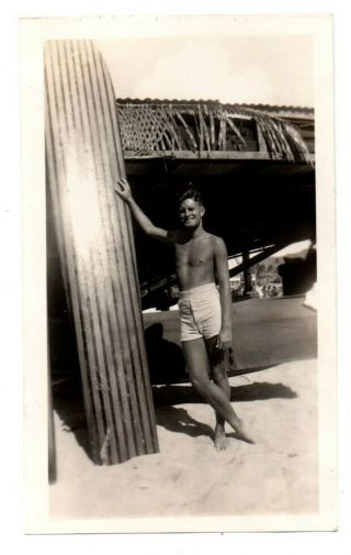 Good Looking Shirtless Man Swimsuit Surfboard Surf Board Vintage Snapshot Photo
