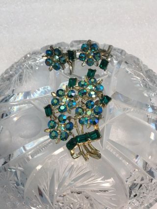 Vintage Lisner Flower Brooch Pin And Earrings Blue Ab Aurora Borealis Rhinestone