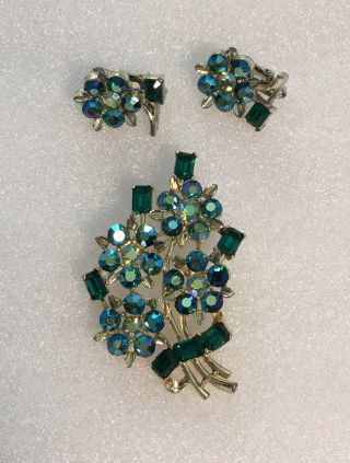 Vintage Lisner Flower Brooch Pin and Earrings Blue AB Aurora Borealis Rhinestone 2