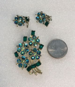 Vintage Lisner Flower Brooch Pin and Earrings Blue AB Aurora Borealis Rhinestone 3