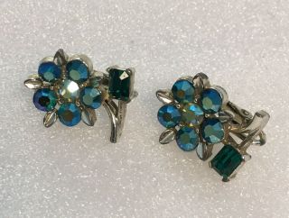 Vintage Lisner Flower Brooch Pin and Earrings Blue AB Aurora Borealis Rhinestone 5
