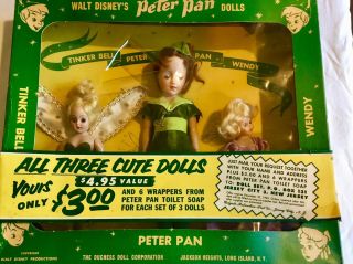 Vintage 1950s Walt Disney’s Peter Pan Dolls - Peter Pan Toilet Soap Promo - Rare