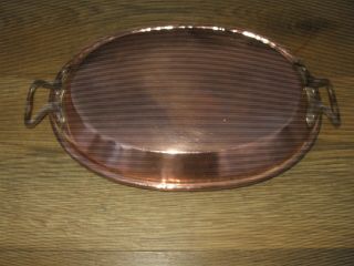 Vintage French Copper Roasting Pan Baking Dish Oven Table Tin Linned Brass Handl