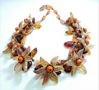 Vintage Orange Red Iridescent Flowers Lampwork Art Glass Bead Necklace Au19288