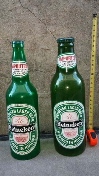 (2) Two Vintage Heineken 24 " Plastic Beer Bottles Advertising Display 2 Ft Tall