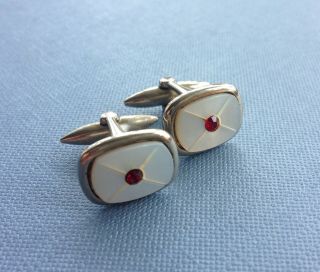 Vintage Art Deco Cufflinks Ruby Red Glass Jewel Centre Mop Gold Tone